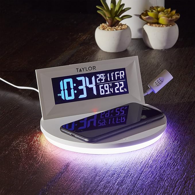 Taylor Digital Weather Station with Wireless Smart Device Charging, Indoor Temperature and Humidity, Clock with Alarm, Calendar, Changeable Glow Light, White - Image 5