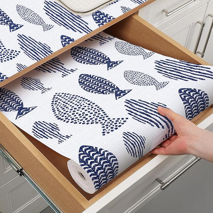 Blue Shelf Liner for Kitchen Cabinets Non Adhesive Drawer Liners Non Slip Cupboard Liner Strong Grip Waterproof Kitchen Cabinet Liners Easy to Clean Blue Dresser Shelves Paper 12IN x 10FT by Terravue