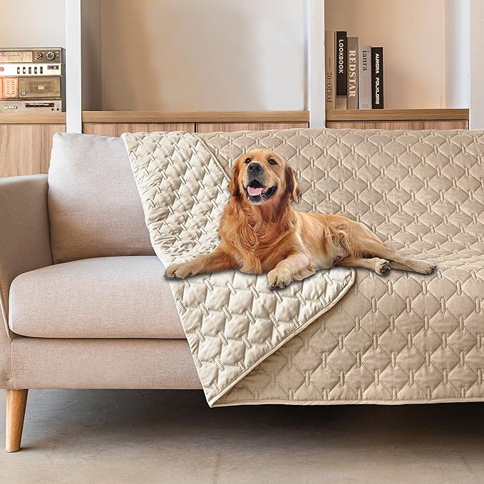 gogobunny 100% Double-Sided Waterproof Dog Bed Cover Pet Blanket Sofa Couch Furniture Protector for Puppy Large Dog Cat, Reversible (82x82 Inch (Pack of 1), Dark Beige/Light Beige) by gogobunny