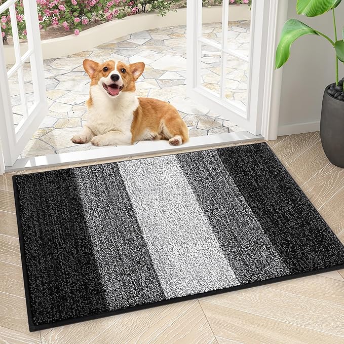 Smiry Dog Door Mat for Muddy Paws, Absorbs Moisture and Dirt, Low-Profile Entryway Mat with Non-Slip Backing, Entry Indoor Outdoor Doormat for Inside Floor (30x17 Inches, Black, Striped) by Smiry