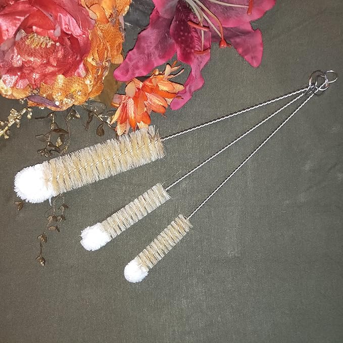 NewFerU Stainless Steel Soda Bottle Cleaning Brush Set in Natural Boar Bristle Wool Tip Long Handle, Flexible Bendable Thick Wire Cleaner for Narrow Neck Water Baby Bottles Straw Pipe Tube Flask (3) - Image 4