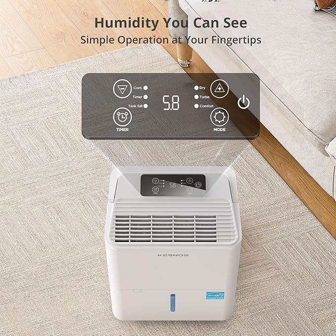 Kesnos 2,500 Sq. Ft. Energy Star 2025 Dehumidifier for Home & Basement, Ideal for Bedroom with Ultra Quiet 36 dB, 0.39-Gallon Water Tank with Drain Hose, 4 Pre-Set Modes, Auto Defrost, Timer - Image 6