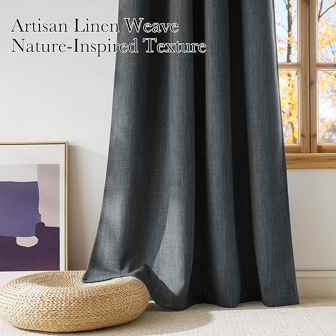 NICETOWN Charcoal Gray Faux Linen Room Darkening Rod Pocket Curtains 63 inch Length, W42 x L63, Light Blocking Thermal Insulated Noise Reducing Drapes for Bedroom Living Room Farmhouse Decor, 2 Panels - Image 3