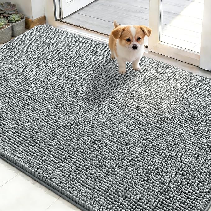 OLANLY Dog Door Mat for Muddy Paws 48x30, Absorbs Moisture and Dirt, Absorbent Non-Slip Washable Doormat, Quick Dry Chenille Mud Mat for Dogs, Entry Indoor Entryway Carpet for Inside Floor, Grey by OLANLY