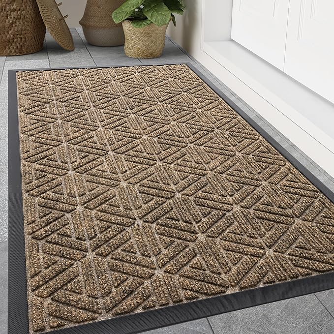 Smiry Front Door Mat Outside Entrance, Heavy Duty Sturdy Natural Rubber Doormat, Trap Dirt and Moisture, Easy Clean Low Profile Mats for Indoor Outdoor Entry, Grid Geometric (47x32, Brown) by Smiry