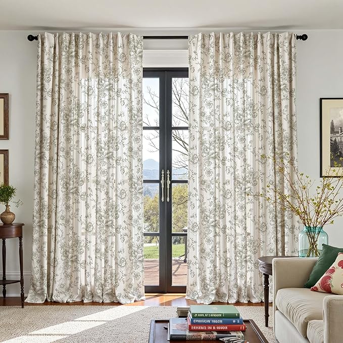 jinchan Linen Floral Curtains 100 Inch Extra Wide for Patio Sliding Glass Door Room Divider Curtain for Living Room 108 Inch Length Farmhouse Peony Green Printed Curtain Set 1 Panel - Image 5