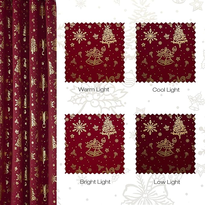 NICETOWN 2 Panels Christmas Red Rod Pocket Curtains 52 x 95 Inch, Gold Stamped Holiday Window Drapes for Xmas Decorations, Festive Room Darkening Curtain Set for Living Room Bedroom, Seasonal Style - Image 6