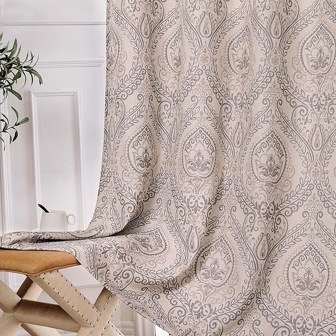 Vangao Damask Curtains Grey Curtains Paisley Medallion Print for Bedroom Living Room Darkening Drapes Vintage Linen Textured 96 Inch Window Treatment 2 Panels Grey on Beige - Image 9