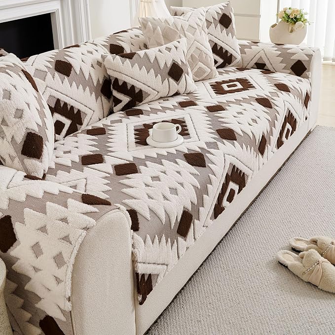 Boho Plush Couch Covers for Sofa Washable, Fuzzy Soft Couch Cover for Sectional Sofa, Non Slip Jacquard Sofa Cover Furniture Protector for Kids, Pets (Dark Coffee,36"x70") - Image 5