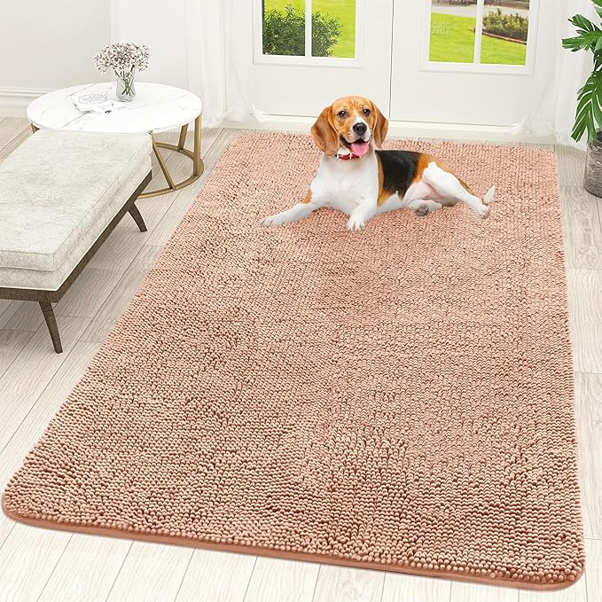 OLANLY Dog Door Mat for Muddy Paws 59x35, Absorbs Moisture and Dirt, Absorbent Non-Slip Washable Doormat, Quick Dry Chenille Mud Mat for Dogs, Entry Indoor Entryway Carpet for Inside Floor, Peach by OLANLY
