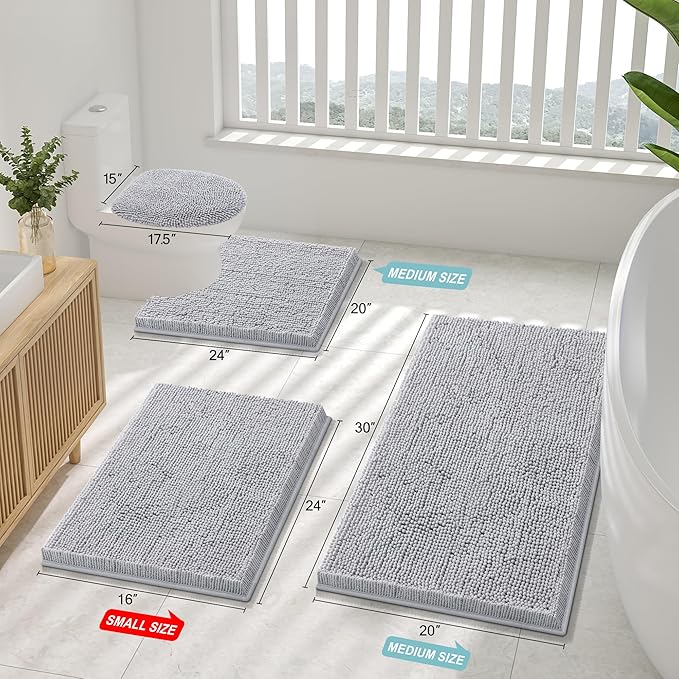 Smiry Luxury Chenille Toilet Rugs U-Shaped 24x20, Soft Absorbent Non-Slip Contour Bathroom Rugs for Toilet, Machine Washable Contoured Bath Mats, Light Grey - Image 2