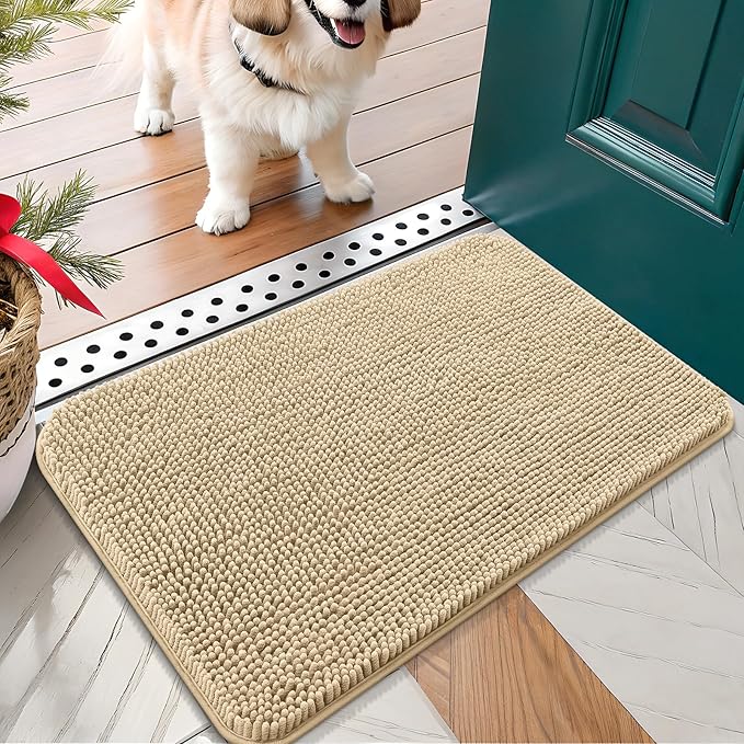 OLANLY Dog Door Mat for Muddy Paws 30x17, Absorbs Moisture and Dirt, Absorbent Non-Slip Washable Doormat, Quick Dry Chenille Mud Mat for Dogs, Entry Indoor Entryway Carpet for Inside Floor, Beige by OLANLY