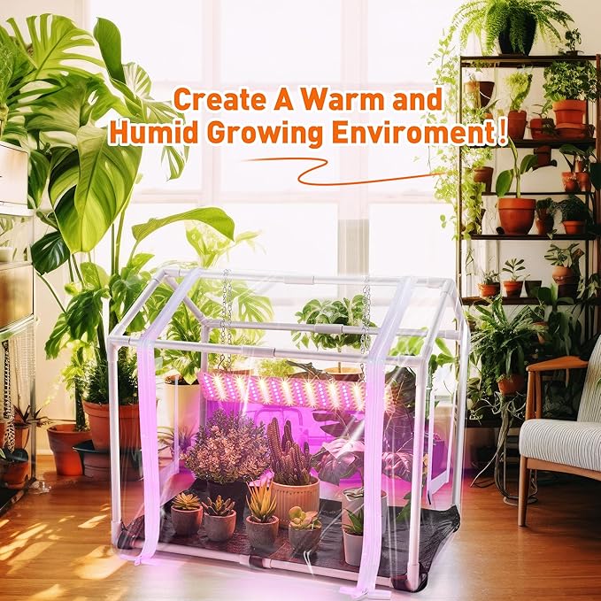 Meonum Mini Greenhouse for Indoor Outdoor, 23.6"L x 15.7"W x 19.6"H Portable Greenhouse with Waterproof Bottom Mat, Timer, 3 Light Color Mode for Indoor Outdoor Seed Starter Tray (Mini House Shape) - Image 6