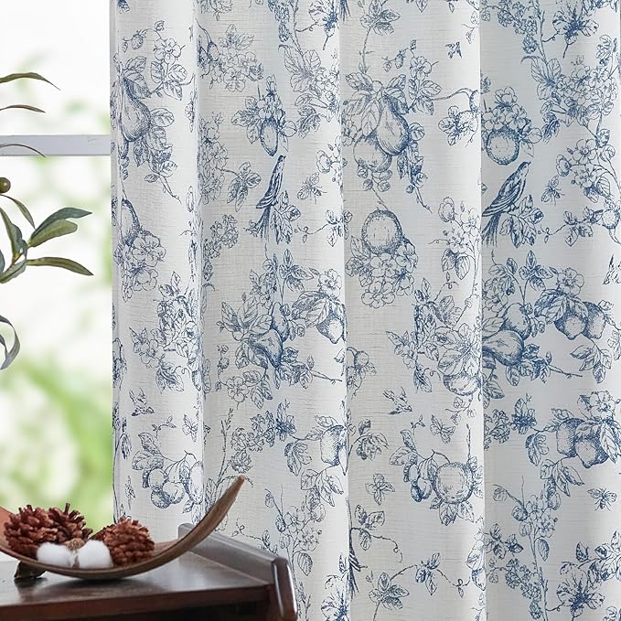 jinchan Linen Floral Curtains for Living Room 96 Inch Length Blue Printed Flower French Country Curtain Farmhouse Cottage Core Toile Curtains Back Tab Light Filtering Window Drapes Set 2 Panels by JINCHAN
