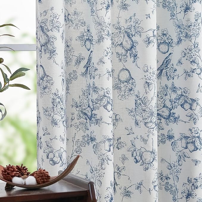 jinchan Linen Floral Curtains for Living Room 84 Inch Length Blue Printed Flower French Country Curtain Farmhouse Cottage Core Toile Curtains Back Tab Light Filtering Window Drapes Set 2 Panels by JINCHAN