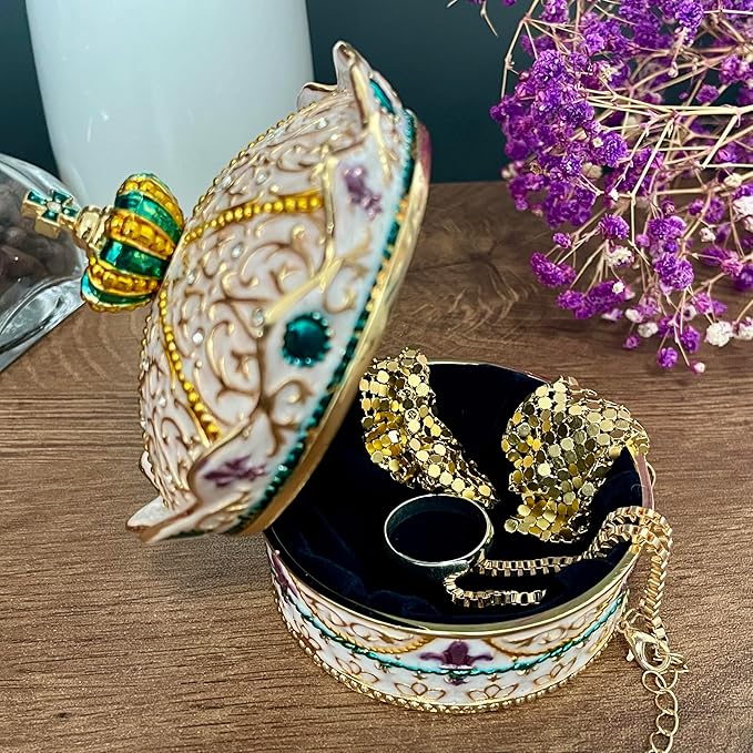 Crown Shape Jewelry Chest,Yurt Style Vintage Metal Gem Box,Round Alloy Retro Patterned Storage Case (Golden White, M) - Image 3