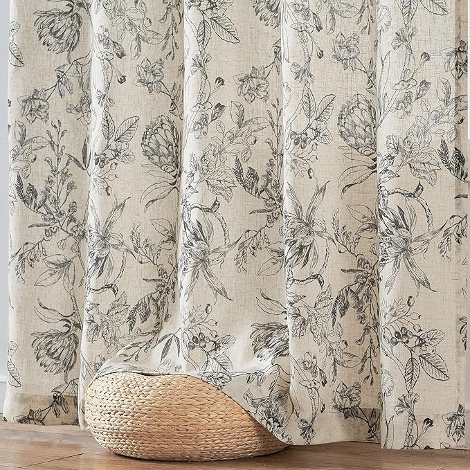 jinchan Floral Curtains 96 Inches Long Black Flower Linen Farmhouse Curtain for Living Room French Country Vintage Curtain Rod Pocket Curtains Set 2 Panels Balck Floral Printed - Image 7
