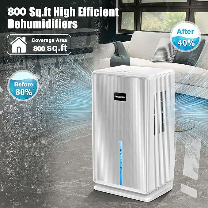 Dehumidifiers for Home, Upgraded 101OZ Dehumidifier (800 sq.ft), Quiet Dehumidifier for Basement, Bedroom, Bathroom, RV, Closet with Auto-off, Sleep Mode, 7 Colorful LED Light, Small Portable, White - Image 2
