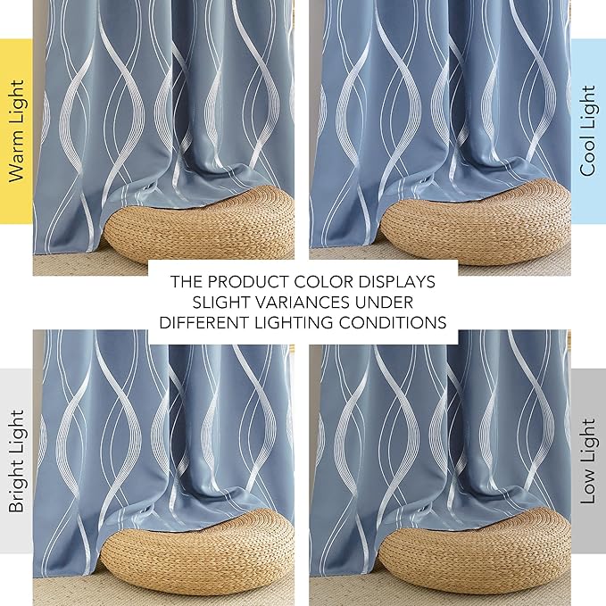 NICETOWN Vintage Blue Foil Printed Curtain for Extra Wide Window, W66 x L84 inch, Wave Line Design Modern Style Drapes Privacy Protection for Room Divider, 2 Panels - Image 6
