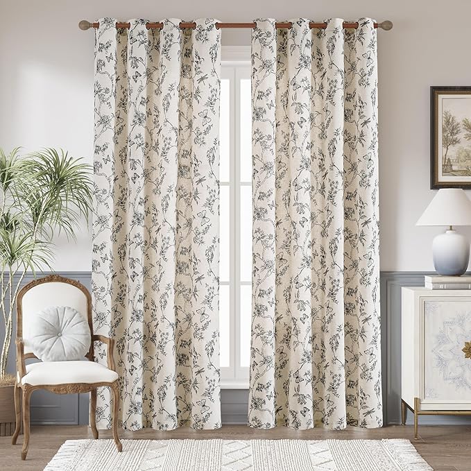 jinchan Floral Linen Curtains for Living Room 84 Inch Length Butterfly Curtain Black Floral Curtains French Country Farmhouse Curtain Flower Patterned Drapes Window Treatment Set 2 Panels by JINCHAN
