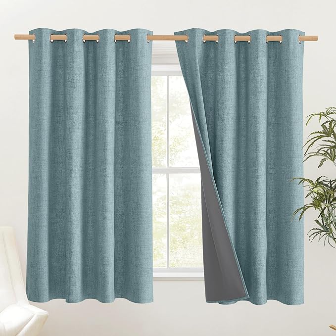 NICETOWN 100% Absolutely Blackout Linen Curtains with Thermal Insulated Liner, Skylark Blue, 52" Wide, 45" Length Energy Saving Curtains for Living Room 2 Panels Set, Vertical Blinds - Image 2