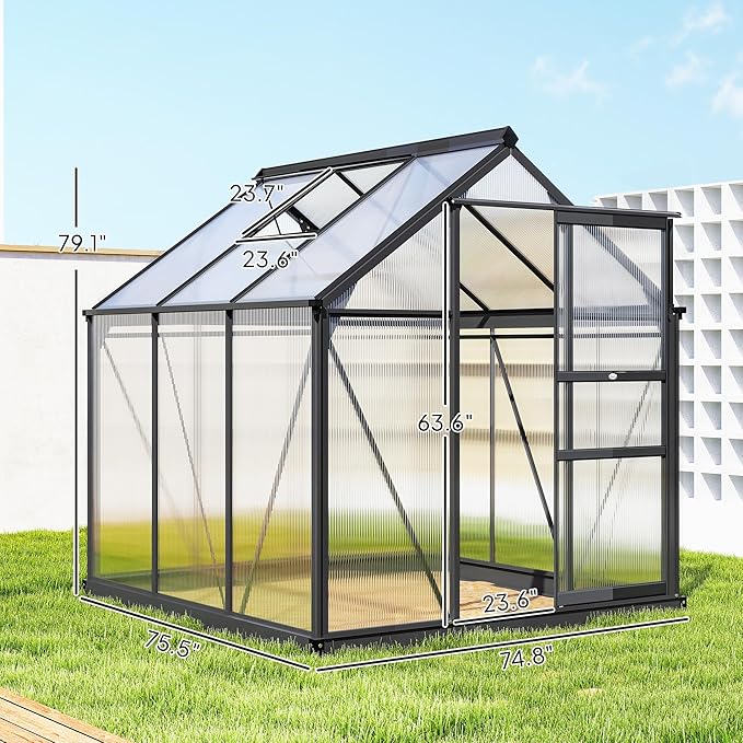 Outsunny 6' x 6' Greenhouse for Outdoors, Polycarbonate Greenhouse with Rain Gutter and Roof Vent, Aluminum Walk-in Green Houses for Outside for Patio Backyard Garden, Gray - Image 7