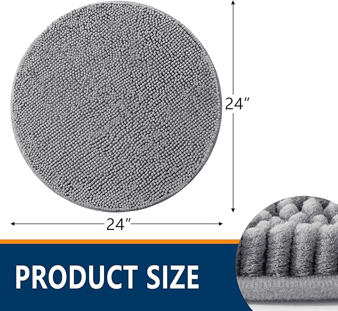 Smiry Luxury Chenille Round 24''x24'', Extra Soft and Absorbent Shaggy Bathroom Mat Rugs, Machine Washable, Non-Slip Plush Carpet for Tub, Shower, and Bath Room, Grey - Image 2