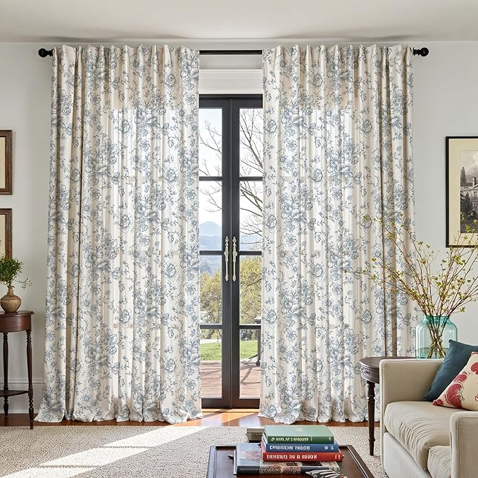 jinchan Linen Floral Curtains 100 Inch Extra Wide for Patio Sliding Glass Door Room Divider Curtain for Living Room 108 Inch Length Farmhouse Peony Blue Printed Curtain Set 1 Panel - Image 5
