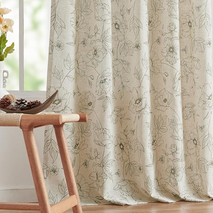 jinchan Floral Linen Curtains for Living Room 84 Inch Length Green Flower Curtain Rod Pocket Back Tab Farmhouse Curtains with Printed Floral Bedroom Window Curtain Set, 2 Panels Green - Image 8