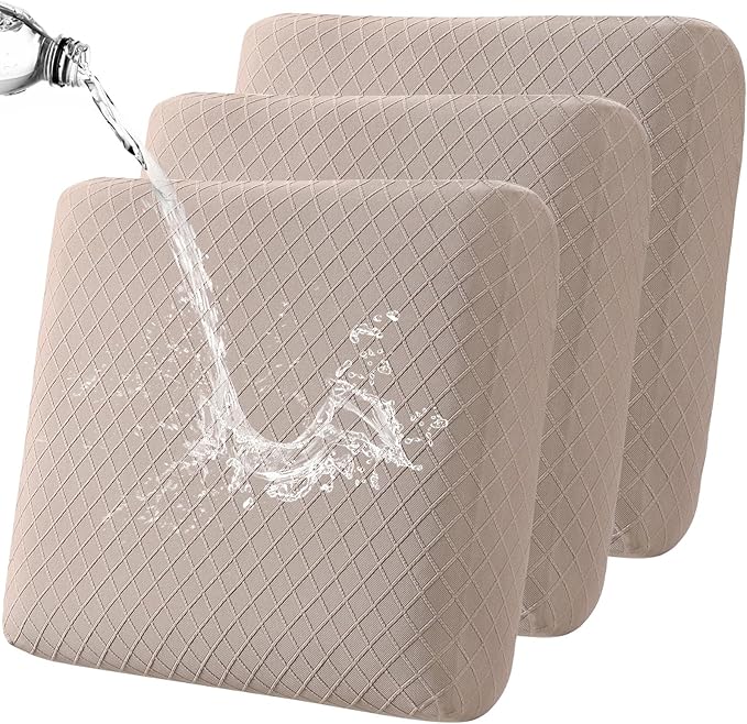 Fuloon Waterproof Seat Cushion Covers 3 PCS, Stretch Sofa Cushion Slipcovers Couch Covers Solid Washable Furniture Protector Suitable for Armchair Loveseat Sofa (Khaki) by Fuloon