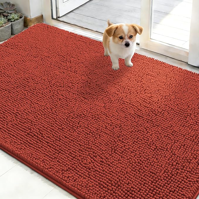 OLANLY Dog Door Mat for Muddy Paws 50x30, Absorbs Moisture and Dirt, Absorbent Non-Slip Washable Doormat, Quick Dry Chenille Mud Mat for Dogs, Entry Indoor Entryway Carpet for Inside Floor, Maple Red by OLANLY