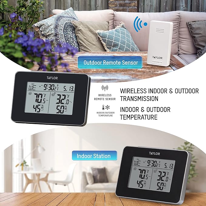 Taylor Wireless Digital Indoor Outdoor Thermometer and Hygrometer, Weather Station, Battery Powered, Alarm, Easy-to-Read Display for Home, Office, Greenhouse, Nursery, and Indoor Areas, Black - Image 3