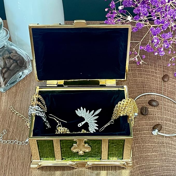 Retro Jewelry Box Arched Vintage Rectangular Metal Chest Necklace Ring Earrings Storage Case for Women Girls (Golden Transparent Green, M) - Image 2