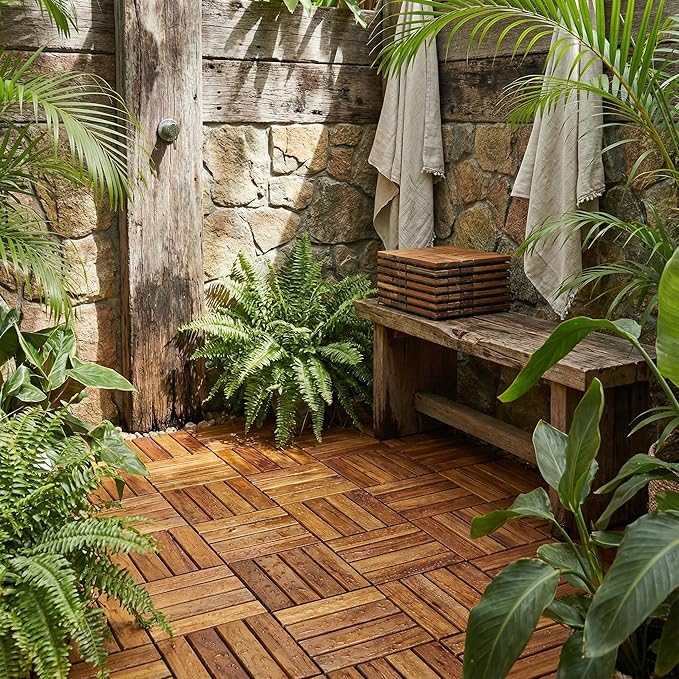 Bare Decor BARE-WF2009 Solid Teak Wood Interlocking Flooring Tiles (Pack of 10), 12" x 12", Brown - Image 9