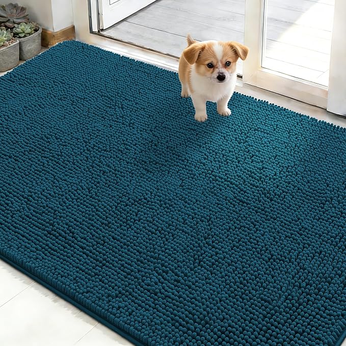 OLANLY Dog Door Mat for Muddy Paws 50x30, Absorbs Moisture and Dirt, Absorbent Non-Slip Washable Doormat, Quick Dry Chenille Mud Mat, Entry Indoor Entryway Carpet for Inside Floor, Atlantic Blue by OLANLY