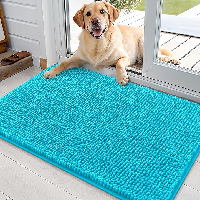 OLANLY Dog Door Mat for Muddy Paws 36x24, Absorbs Moisture and Dirt, Absorbent Non-Slip Washable Doormat, Quick Dry Chenille Mud Mat for Dogs, Entry Indoor Entryway Carpet for Inside Floor, Aqua Blue by OLANLY