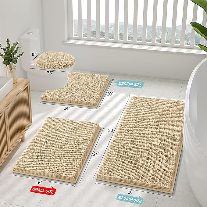 Smiry Luxury Chenille Bathroom Rugs 24x16, Extra Soft and Absorbent Shaggy Bath Mat, Machine Washable, Non-Slip Plush Carpet Runner for Tub, Shower, and Floor, Home Decor Accessories, Beige - Image 2