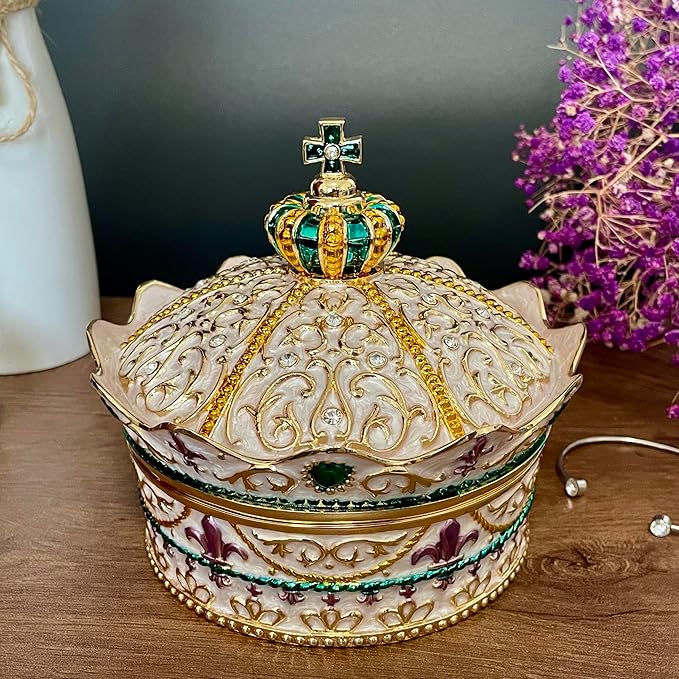 Crown Shape Jewelry Chest,Yurt Style Vintage Metal Gem Box,Round Alloy Retro Patterned Storage Case (Golden White, XL) - Image 2