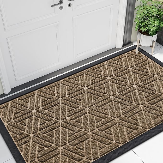 Smiry Front Door Mat Outside Entrance, Heavy Duty Sturdy Natural Rubber Doormat, Trap Dirt and Moisture, Easy Clean Low Profile Mats for Indoor Outdoor Entry, Grid Geometric (47x23, Brown) by Smiry