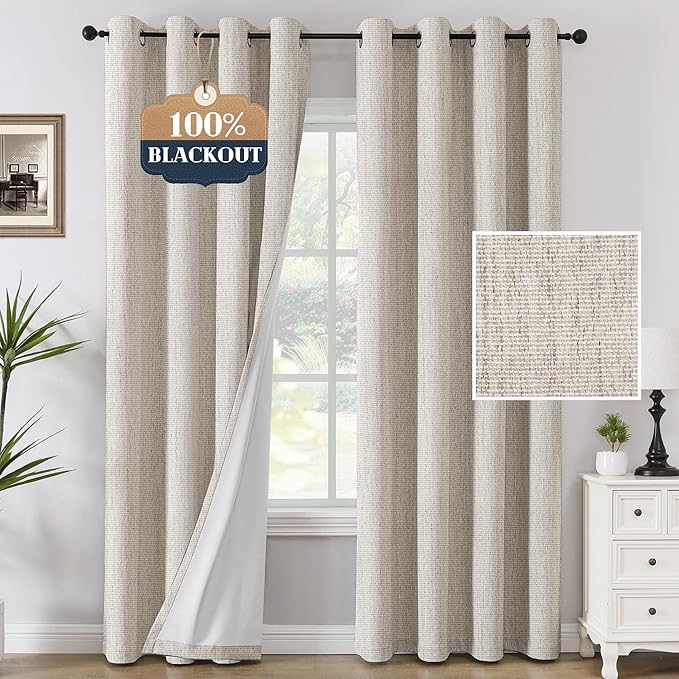 H.VERSAILTEX Chenille Linen Curtains 108 inches Long 100% Black Out Curtains, Textured Linen Look Draperies Grommet with White Flocking Coating Back, 2 Panels, Heathered Natural(Not Solid) by HVERSAILTEX