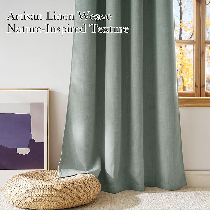 NICETOWN Sage Green Faux Linen Room Darkening Rod Pocket Curtains 63 inch Length, W42 x L63, Light Blocking Thermal Insulated Noise Reducing Drapes for Bedroom Living Room Farmhouse Decor, 2 Panels - Image 3