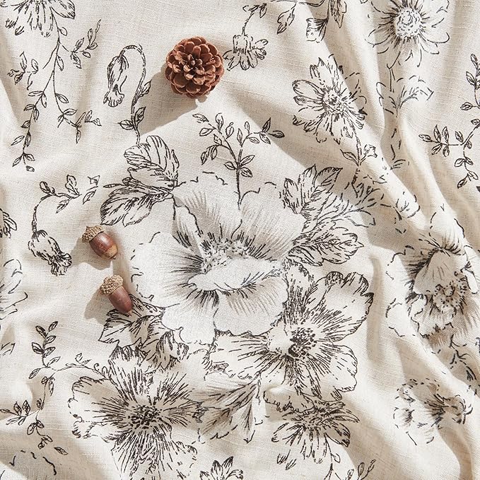 jinchan Linen Blend Curtain Floral Curtains for Living Room 54 Inch Length Black Printed Curtain Rod Pocket Back Tab Farmhouse Peony Flower Patterned Drapes Bedroom Window Curtains Set 2 Panels - Image 5