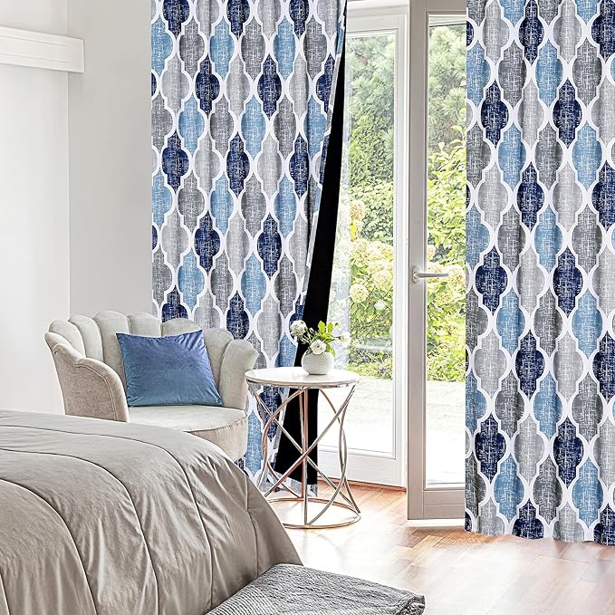 Beauoop 100% Blackout Curtains 84 Inches Long 2 Panels for Bedroom Living Room Blue Grey Moroccan Geo Room Darkening Thermal Insulated Soundproof Rod Pocket Back Tab Window Treatments Drapes, 50x84 - Image 7