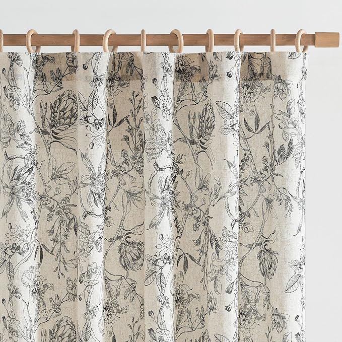 jinchan Floral Curtains 90 Inch Length Black Flower Linen Farmhouse Curtain for Living Room French Country Vintage Curtain Rod Pocket Curtains Set 2 Panels Balck Floral Printed by JINCHAN