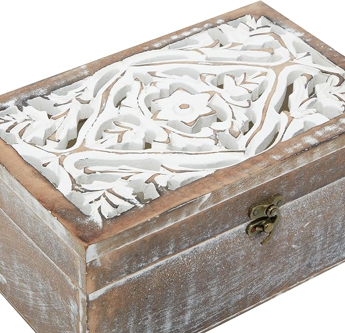 Deco 79 Wood Floral Handmade Decorative Box Decorative Keepsake Boxes with Hinged Lid, Set of 3 Storage Boxes 12", 11", 9"W, Brown - Image 2