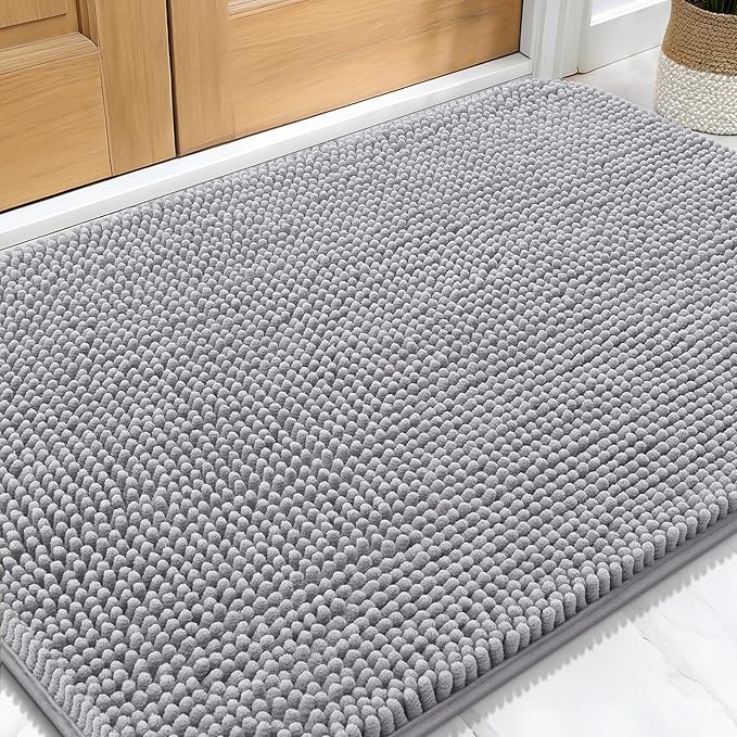 OLANLY Dog Door Mat for Muddy Paws 30x20, Absorbs Moisture and Dirt, Absorbent Non-Slip Washable Doormat, Quick Dry Chenille Mud Mat for Dogs, Entry Indoor Entryway Carpet for Inside Floor, Light Grey by OLANLY