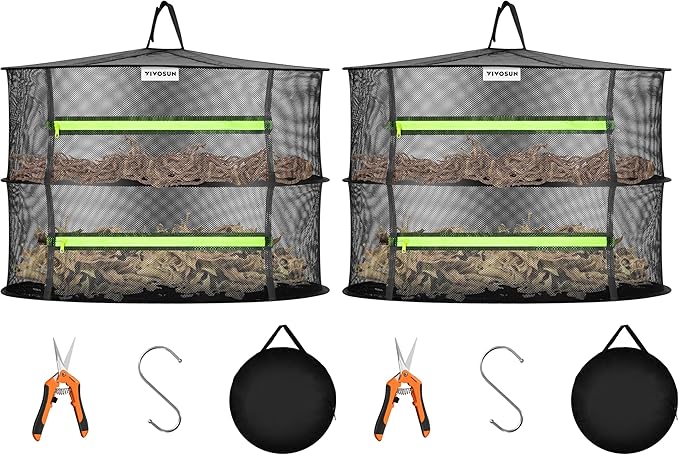 VIVOSUN 2-Layer Mesh Drying Rack Hanging Design with Green Zippers for Dehydrating, Indoor and Outdoor Pruning Shears Included (Pack of 2) by VIVOSUN