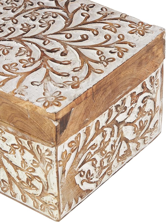 Deco 79 Mango Wood Floral Decorative Box Decorative Keepsake Boxes with Hinged Lid, Set of 3 Storage Boxes 8", 10", 12"W, Brown - Image 5