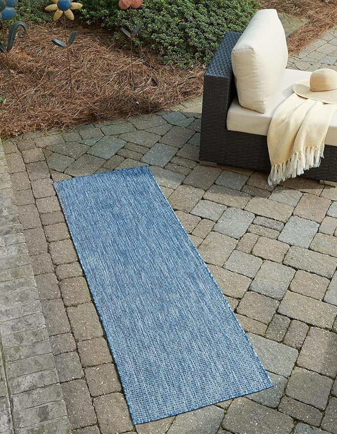 Unique Loom Collection Casual Transitional Solid Heathered Indoor/Outdoor Flatweave Area Rug (2' 7" x 12' Runner, Blue/Navy Blue) by UniqueLoom