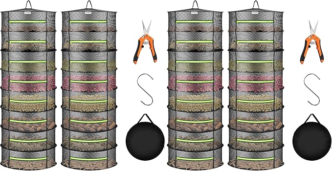 VIVOSUN 4-Pack 8-Layer Mesh Drying Rack Hanging Design with Green Zippers for Dehydrating, Indoor and Outdoor (Pruning Shears Included) by VIVOSUN